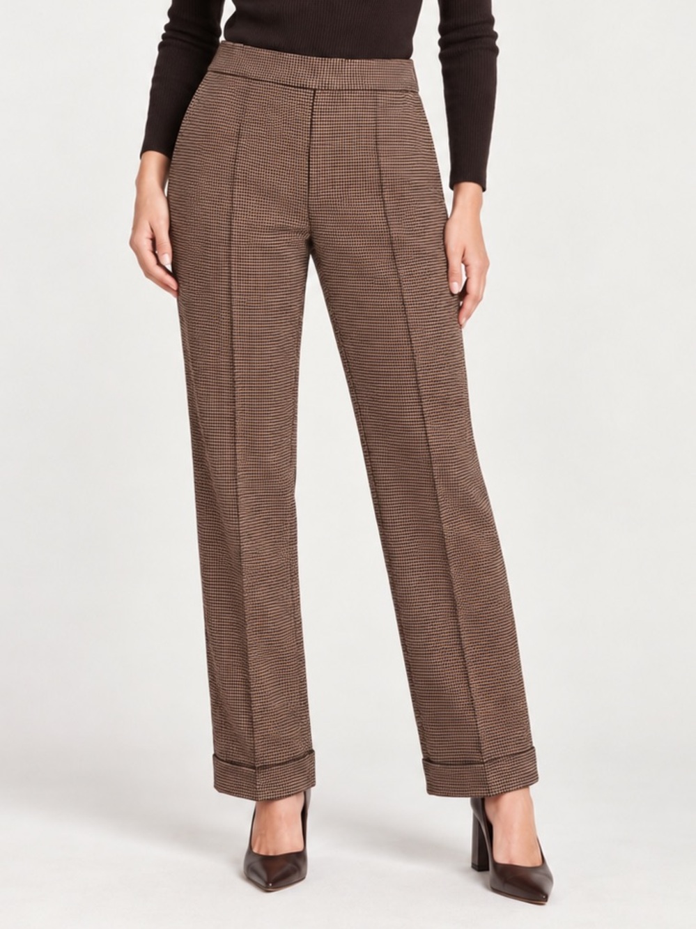 Tailored Brown Wool Houndstooth Straight-Leg Pants